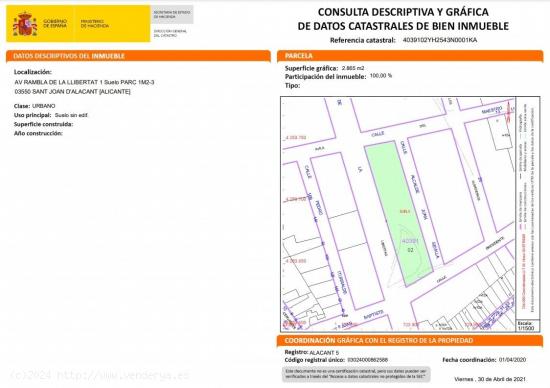 SE VENDE PARCELA-TERRENO  DE  2.864 m2, EDIFICABILIDAD 16.846 m2 EN SAN JUAN DE ALICANTE - ALICANTE