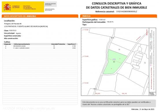 TERRENO DE SECANO A LA VENTA EN EL CAMPILLO, FUENTE ÁLAMO - MURCIA