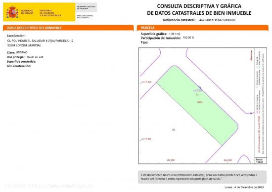 TERRENO URBANO PARA USO INDUSTRIAL 1840 M2 EN LORQUI - MURCIA