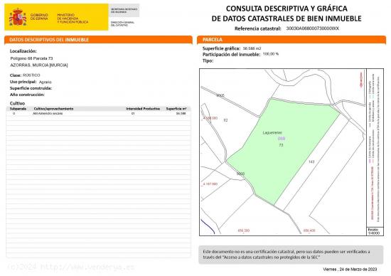 TERRENO RUSTICO A LA VENTA EN LA MURTA, CORVERA - MURCIA