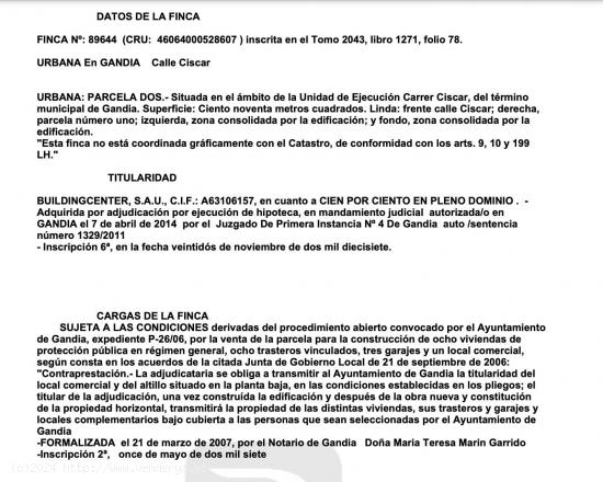 Suelo urbano  en venta en c. ciscar, 9, Grao de Gandía. Edificabilidad total: 1.011 m2 - VALENCIA