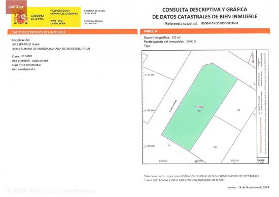 Oportunidad única en el centro de Alhama de Murcia. Terreno urbano de 230 m² - MURCIA