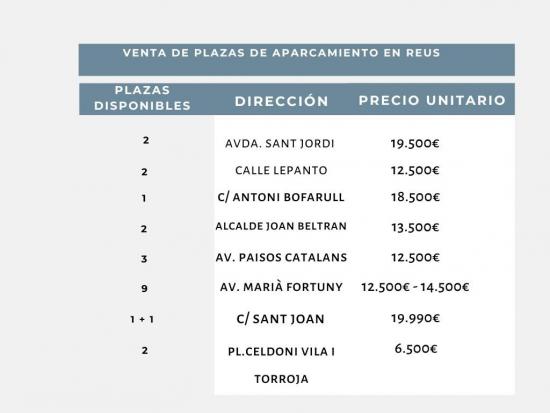  VARIAS PLAZAS DE APLARCAMIENTO EN VENTA EN DIFERENTES ZONAS DE REUS - TARRAGONA 